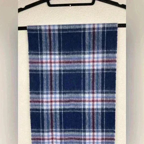 MONOPRIX Unisex One Size 100% Wool Fringe Scarf Blue Plaid Minimalist Essentials - Picture 2 of 13